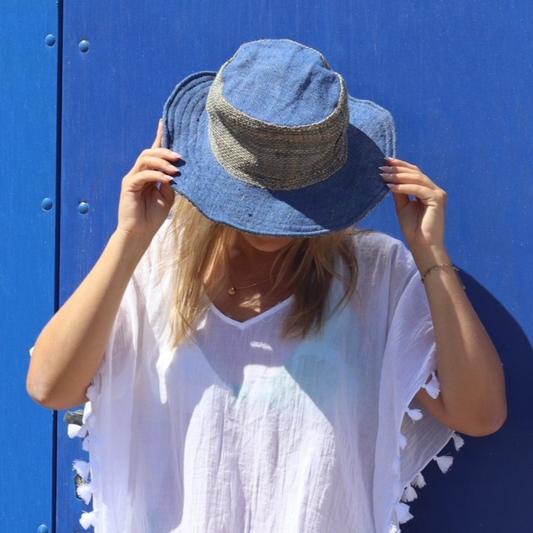 Beautiful Hemp Unisex washed Blue BORLA OUTBACK hat with a flexible, fringed brim