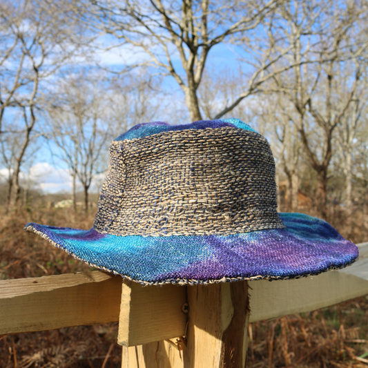 Beautiful Hemp Unisex blue and purple TIE-DYED BORLA OUTBACK hat with a flexible, fringed brim