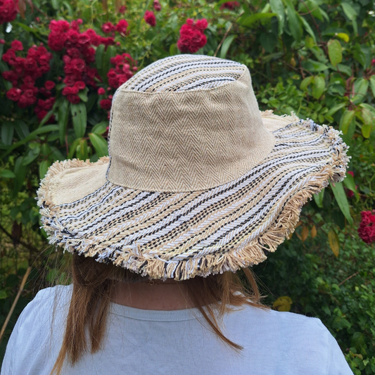 Unisex HERRINGBONE and GHERI OUTBACK CREAM hat with a flexible, fringed and lined brim. Beautiful pure Cotton and Fairtrade.