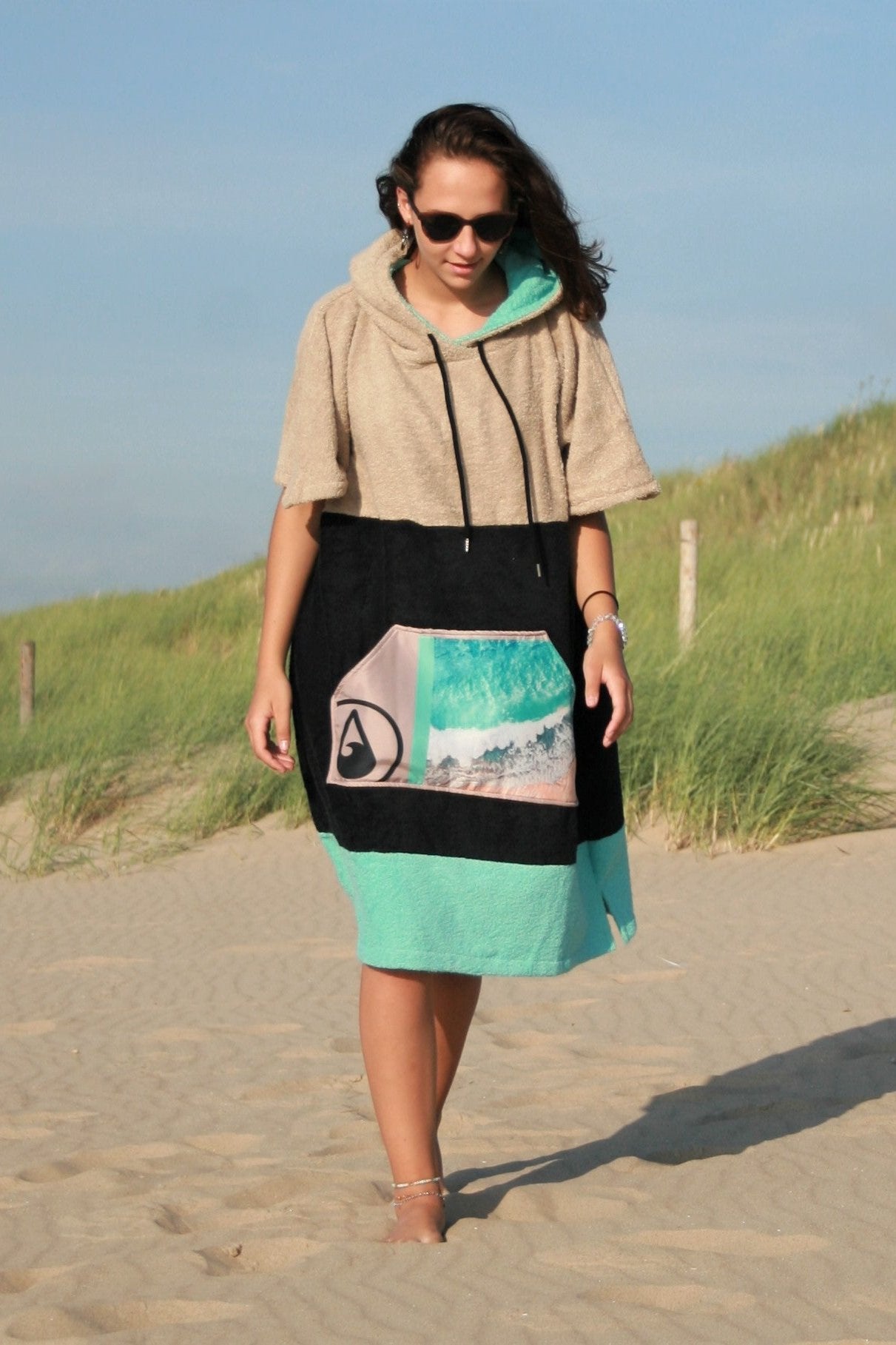 Wave Hawaii Ericeira Poncho Walking On Beach With New Sunglasses